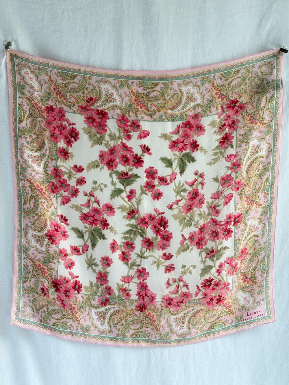 Vintage Lauren Ralph Lauren 100% Silk Scarf | 21” x 21” | Pink Floral Square